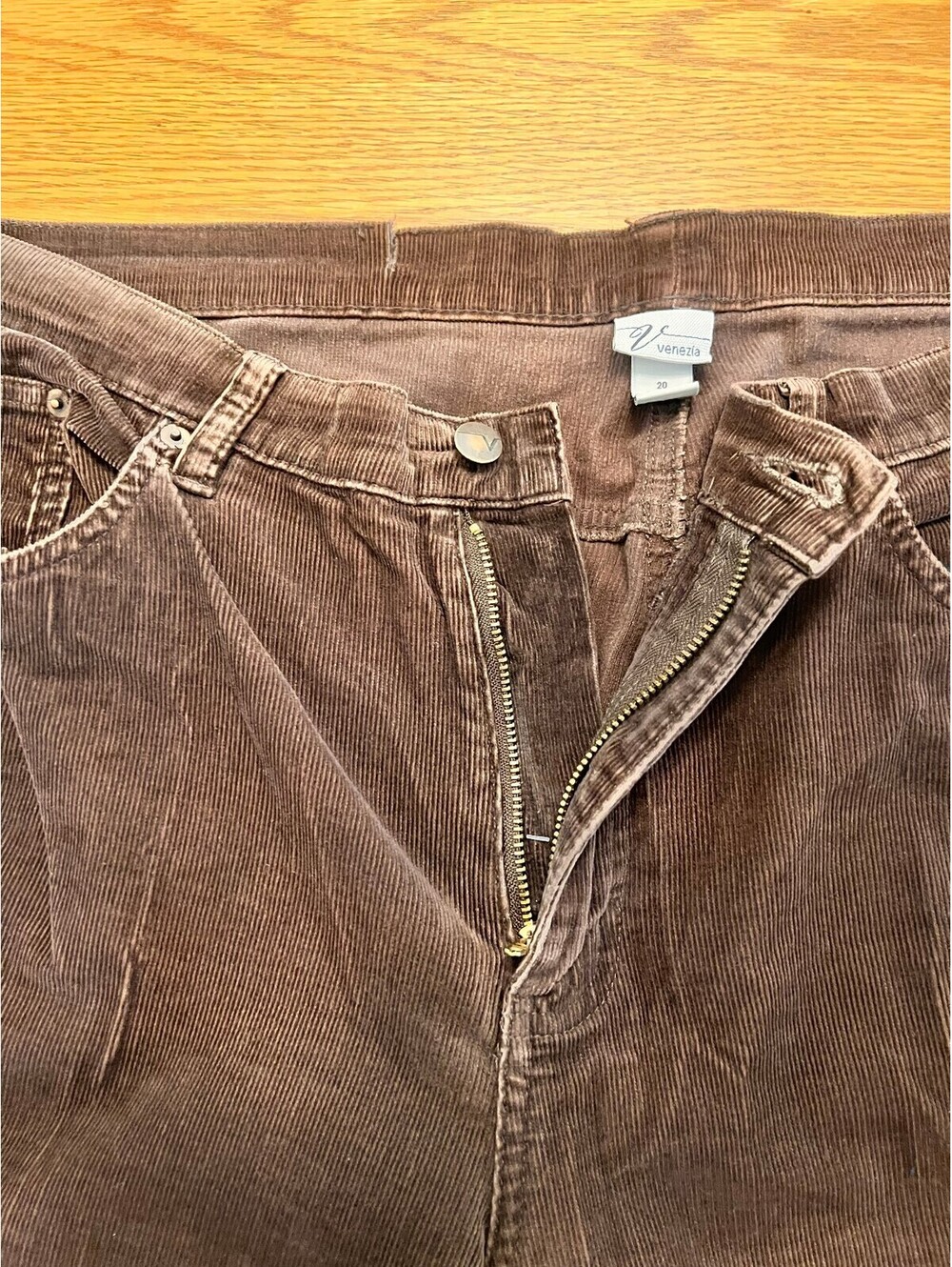 Venezia Brown Corduroy Pants Size 20 with Waist Cut Detail - Picture 3 of 9